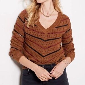 Evereve Sawyer Chevron Long Sleeve V-Neck Knit Pullover Sweater Brown Women's XS